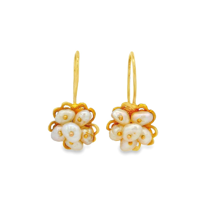 Estate - 16K Yellow Gold Drop Earrings With Biwa Freshwater Pearls