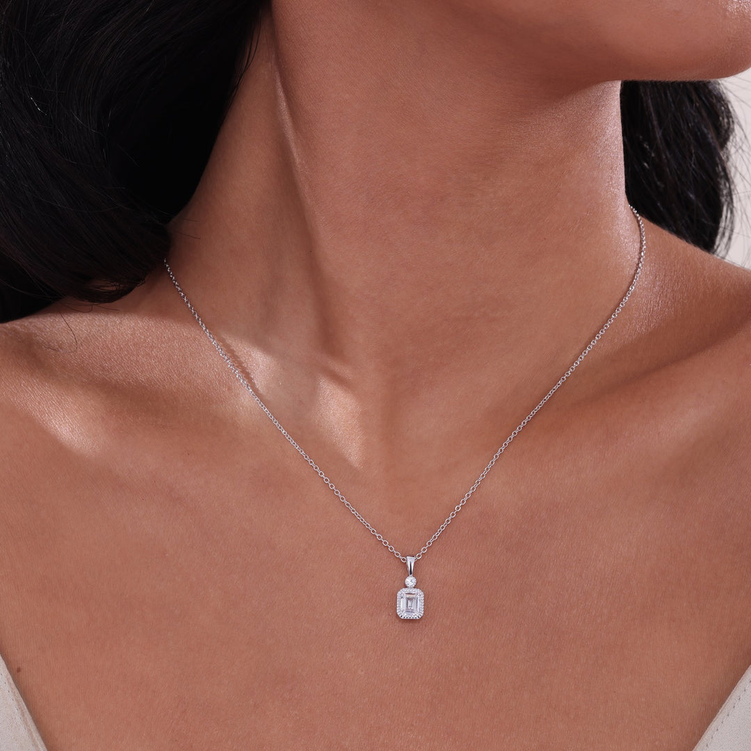 Sterling Silver Emerald Cut And Round Cubic Zirconia Necklace