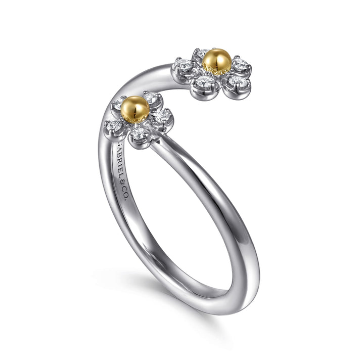 Sterling Silver And 14K Yellow Gold Gabriel & Co. Flowers Bypass Ring With Diamonds