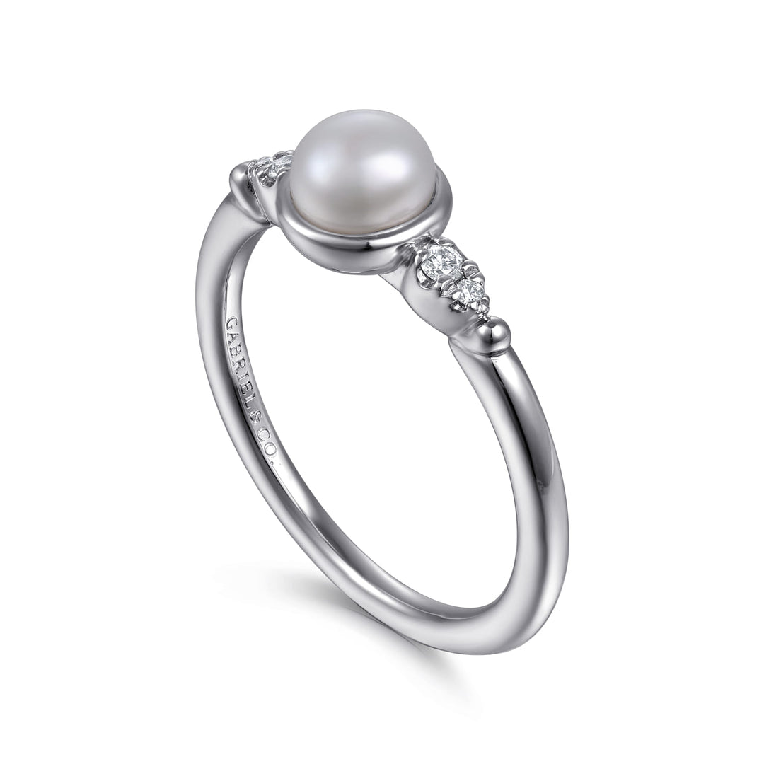 Sterling Silver Gabriel & Co. Bezel Set Ring With Pearl And Diamonds
