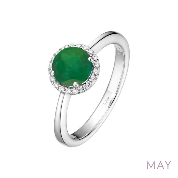Lafonn Rhodium Plated Sterling Silver Birthstone - May Halo Ring With Synthetic Emerald, Clear Cubic Zirconia