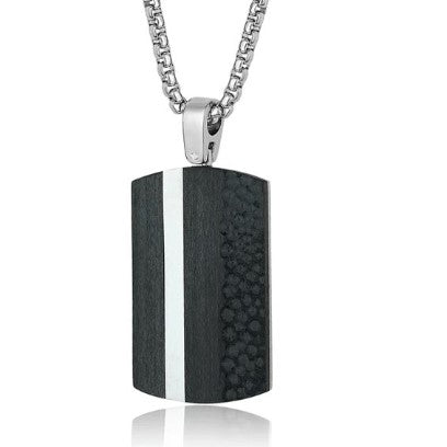 Italgem Stainless Steel Polished Carbon Fibre Vertical Line Dog Tag Necklace