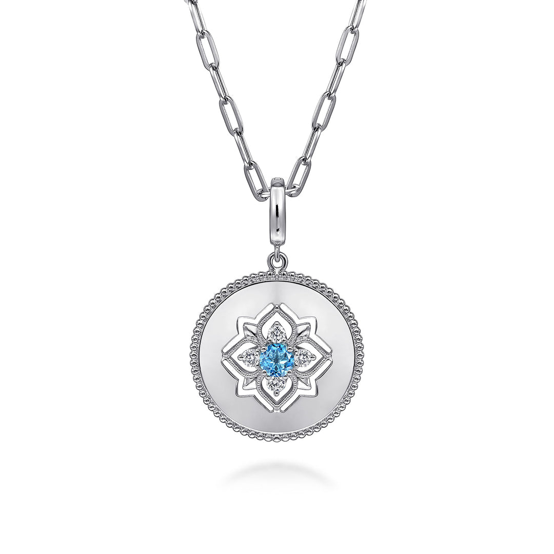 Gabriel & Co. Sterling Silver 24mm Disc Pendant With Blue Topaz And White Sapphires