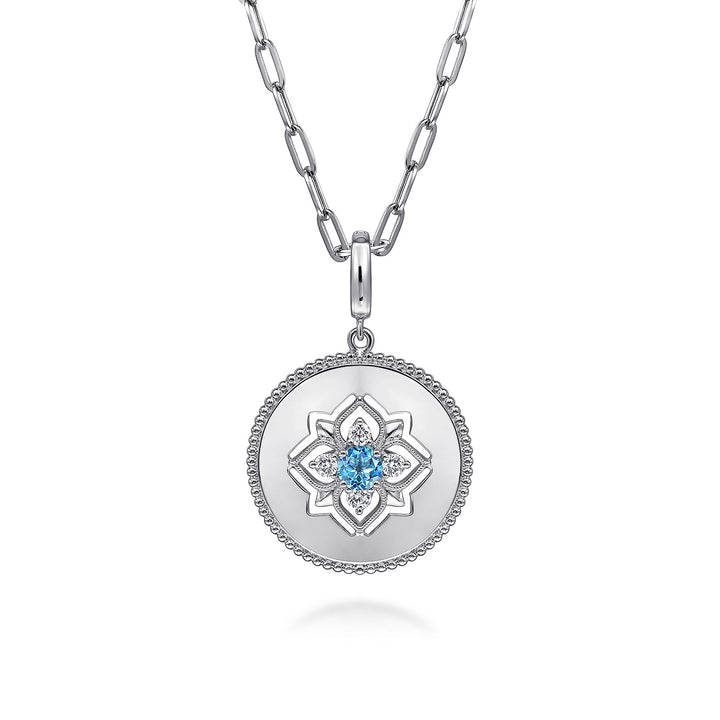 Gabriel & Co. Sterling Silver 24mm Disc Pendant With Blue Topaz And White Sapphires