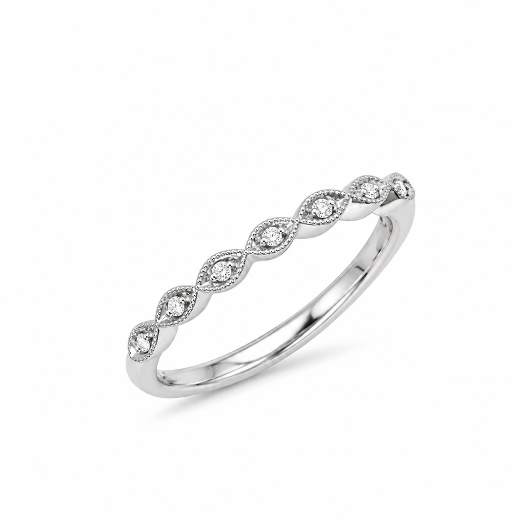 14K White Gold 0.04 CTW Diamond Women's Wedding Band With Milgrain Edges