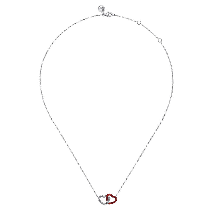 Sterling Silver Gabriel & Co Bujukan Double Heart Necklace with Chrome Red Enamel