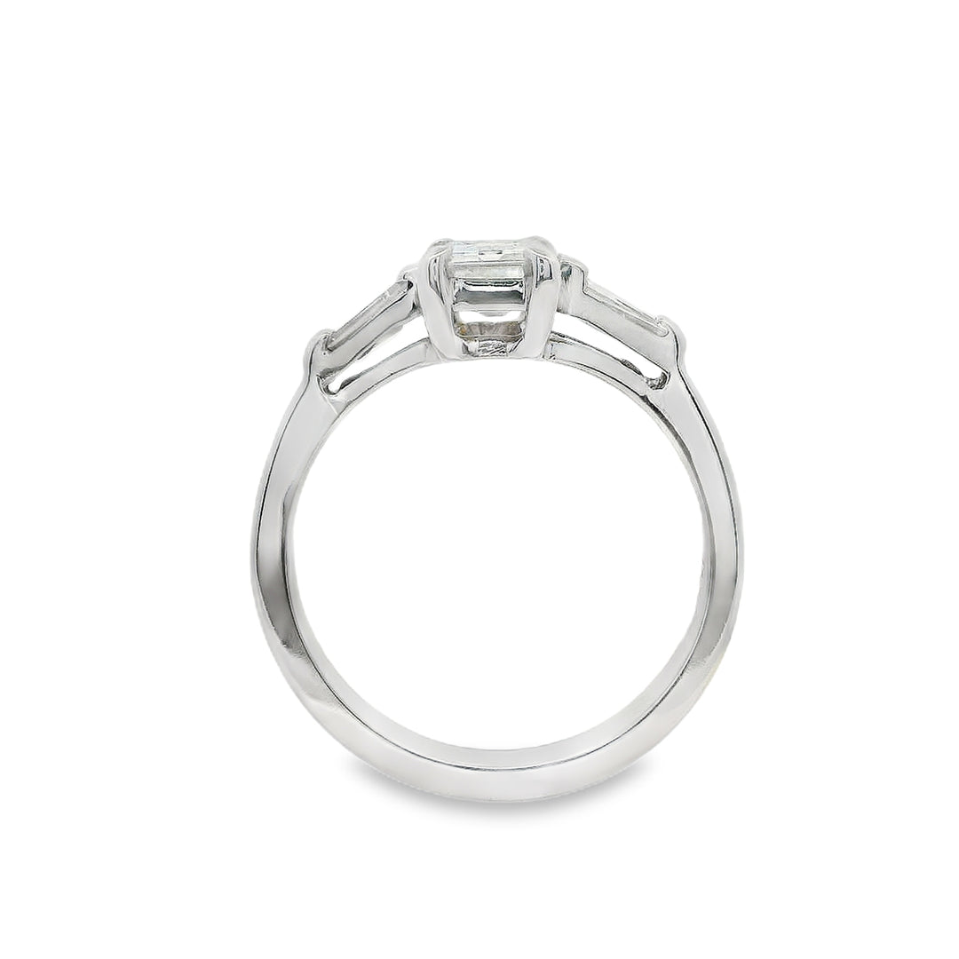Estate - 14K White Gold Emerald Cut Diamond And Baguette Cut Diamond Ring, Size 5.5