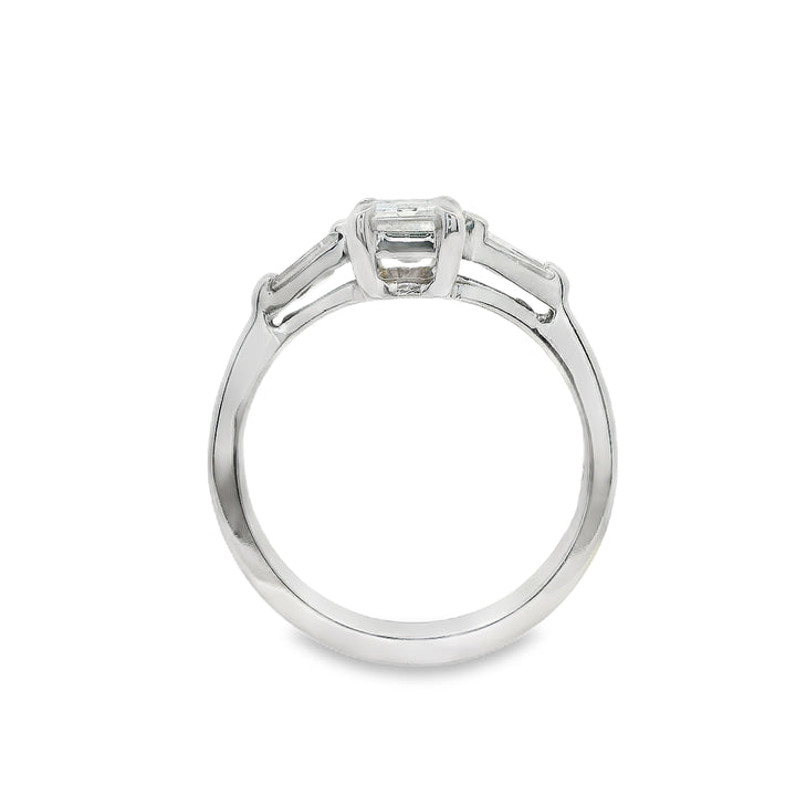 Estate - 14K White Gold Emerald Cut Diamond And Baguette Cut Diamond Ring, Size 5.5