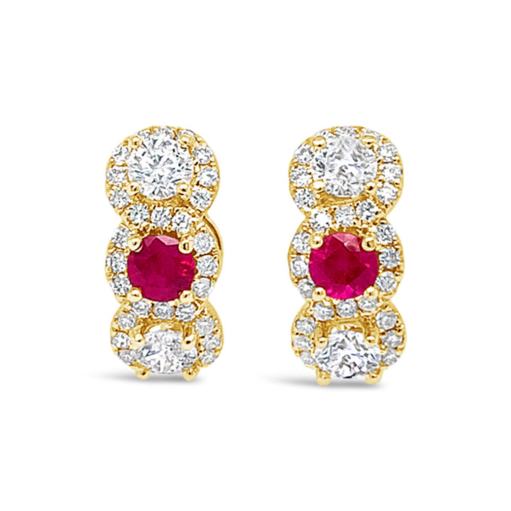 18K Yellow Gold 3.5mm Each Round Ruby And 0.99 TDW Diamond Huggie Earrings