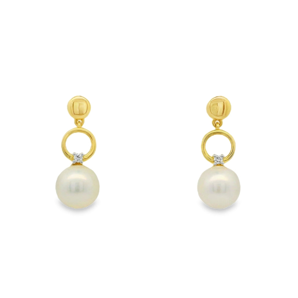 14 Karat Yellow Gold 7.50mm White Freshwater Cultured Pearl Drop Earrings With 0.03 CTW Diamonds