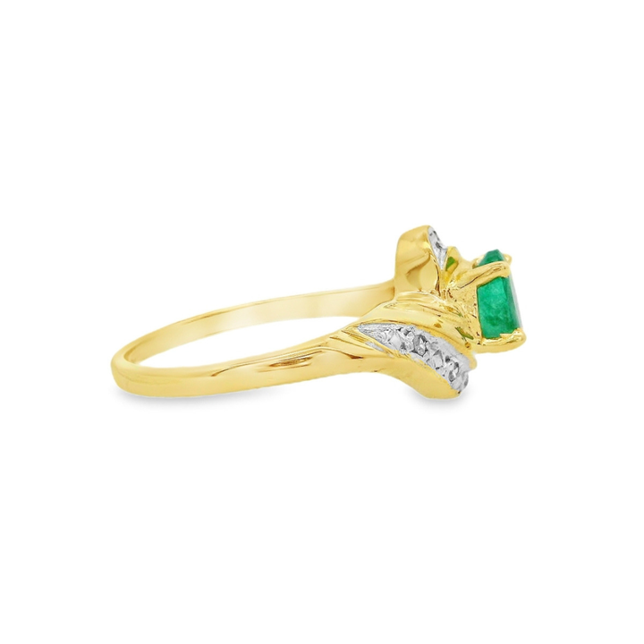 Estate - 10K Yellow And White Gold Emerald And 0.04 CTW Diamond Ring, Size 7.25