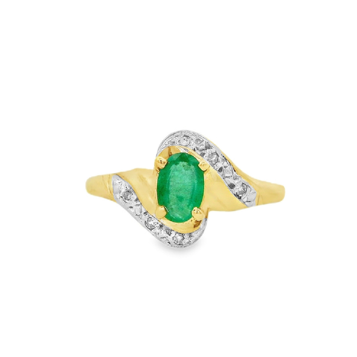 Estate - 10K Yellow And White Gold Emerald And 0.04 CTW Diamond Ring, Size 7.25