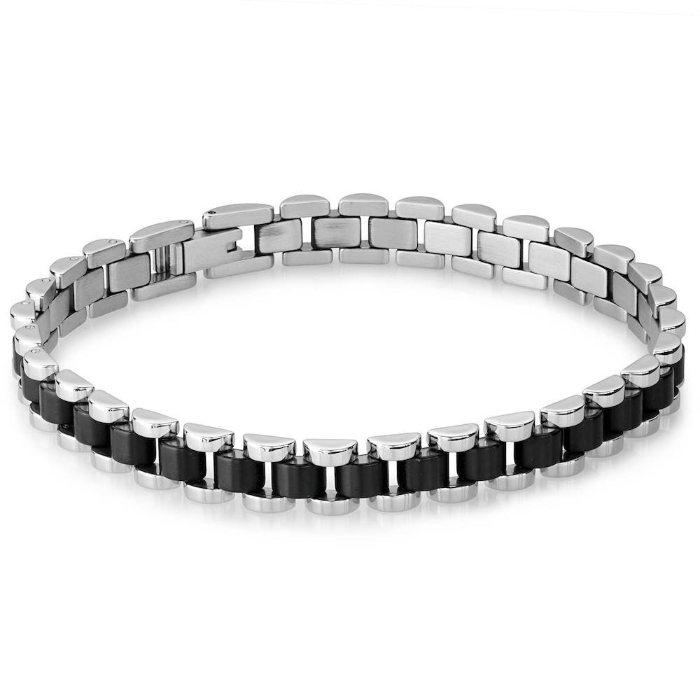 Italgem Stainless Steel And Black Link Adjustable 8.5" Bracelet