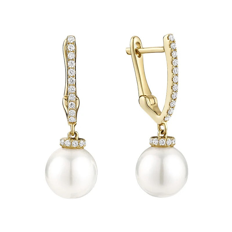 14 Karat Yellow Gold Pearl Dangle Earrings With 0.18 CTW Diamonds