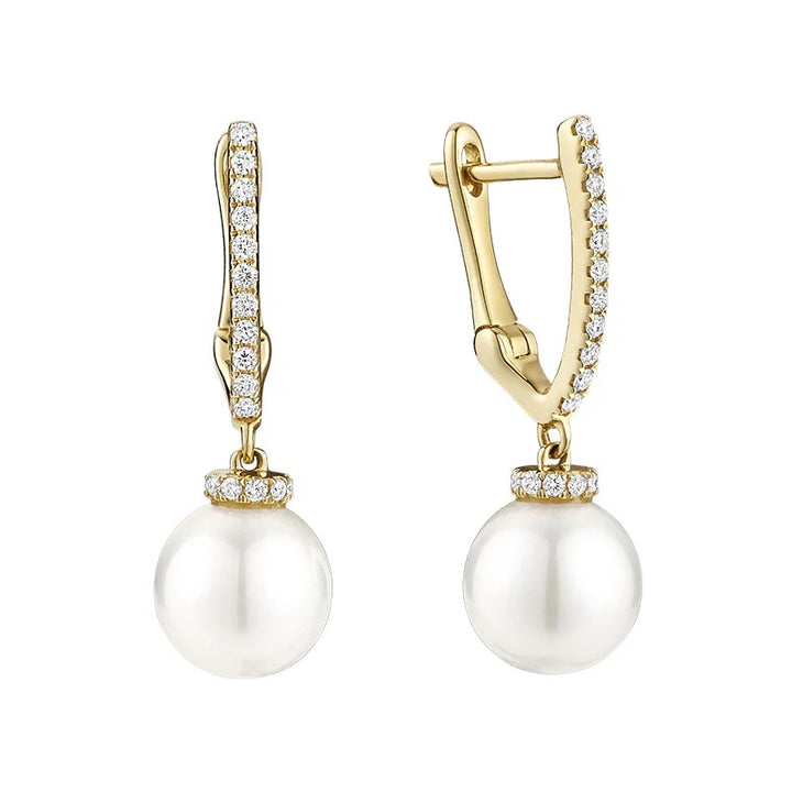 14 Karat Yellow Gold Pearl Dangle Earrings With 0.18 CTW Diamonds