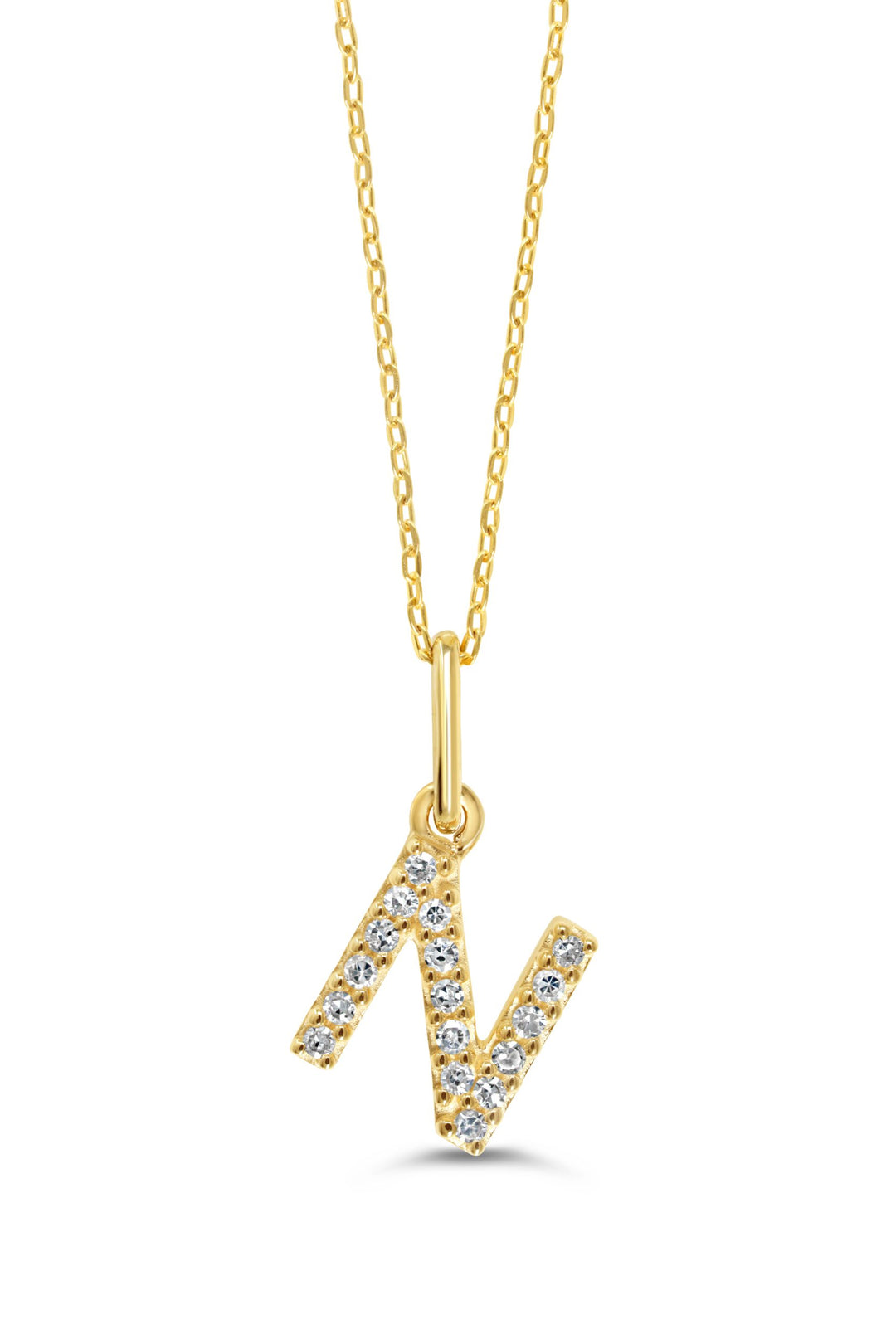 10K Yellow Gold Small Diamond Set Initial "N" Pendant Complete With Fine Open Cable Link 18" Chain