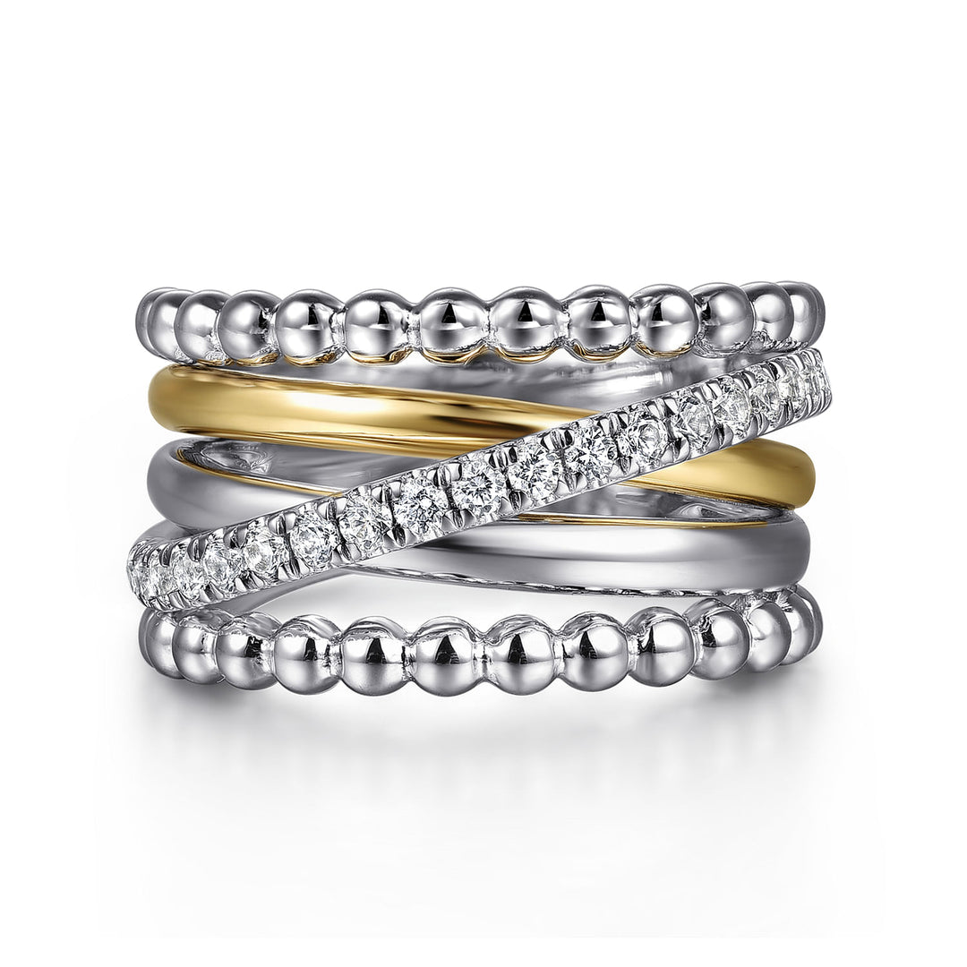 Gabriel & Co. Sterling Silver And 14K Yellow Gold Beaded Edges Multirow Ring With White Sapphires
