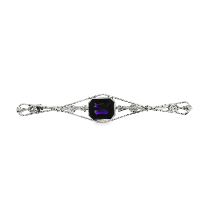 Estate - 10K White Gold Brooch With Synthetic Purple Stone