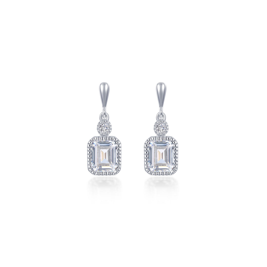 Sterling Silver Emerald Cut And Round Clear Cubic Zirconia Drop Style Earrings