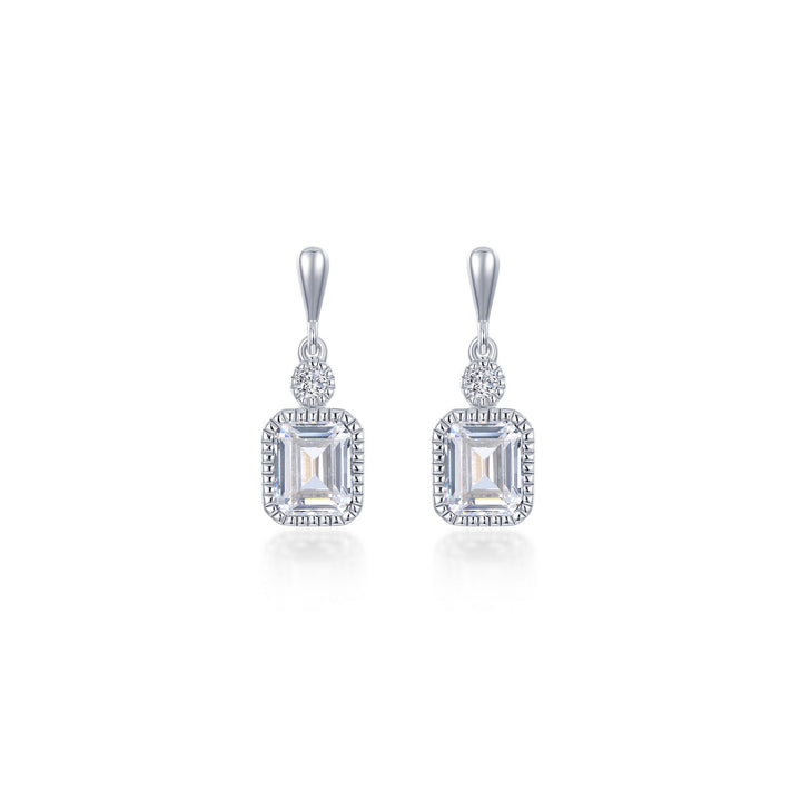 Sterling Silver Emerald Cut And Round Clear Cubic Zirconia Drop Style Earrings