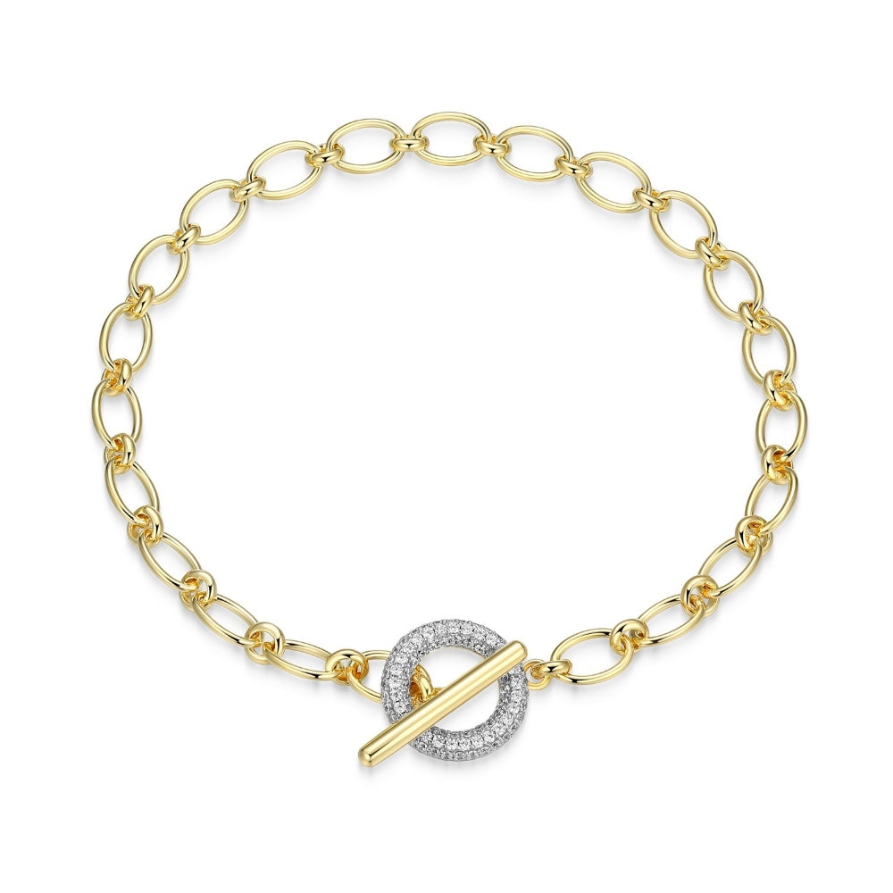 ELLE Yellow Gold Plated Sterling Silver Toggle Clasp Link Bracelet With Pave Cubic Zirconias