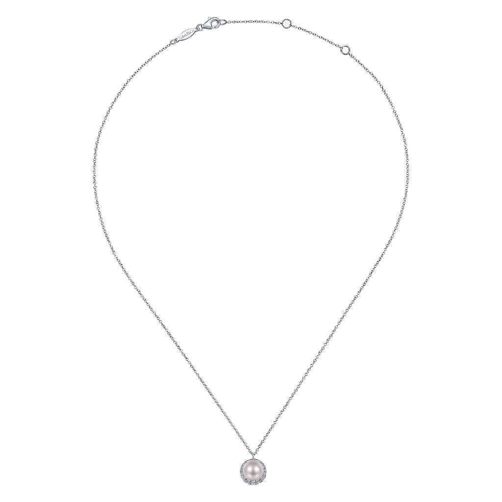 Women's 14K White Gold 7mm White Cultured Pearl And 0.18 CTW Diamond Pendant With Chain