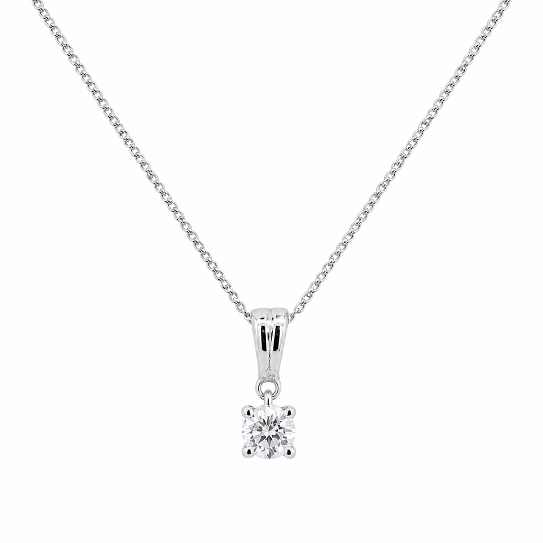 14K White Gold Solitaire 0.15 CT RBC LAB Diamond Necklace With 18" Chain
