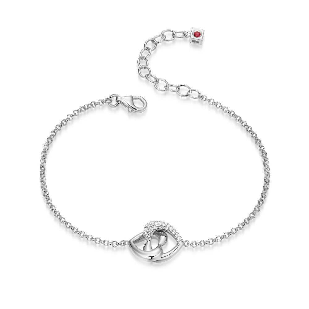 ELLE Rhodium Plated Silver Two Linked Hearts Bracelet With Pave Cubic Zirconia