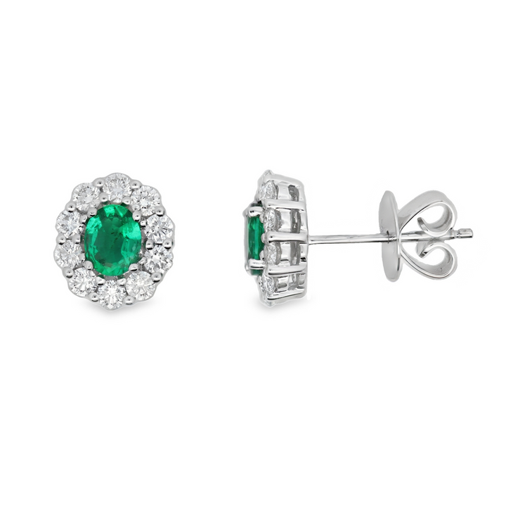18K White Gold 0.55 CTW Oval Emerald And 0.66 CTW Diamond Stud Earrings