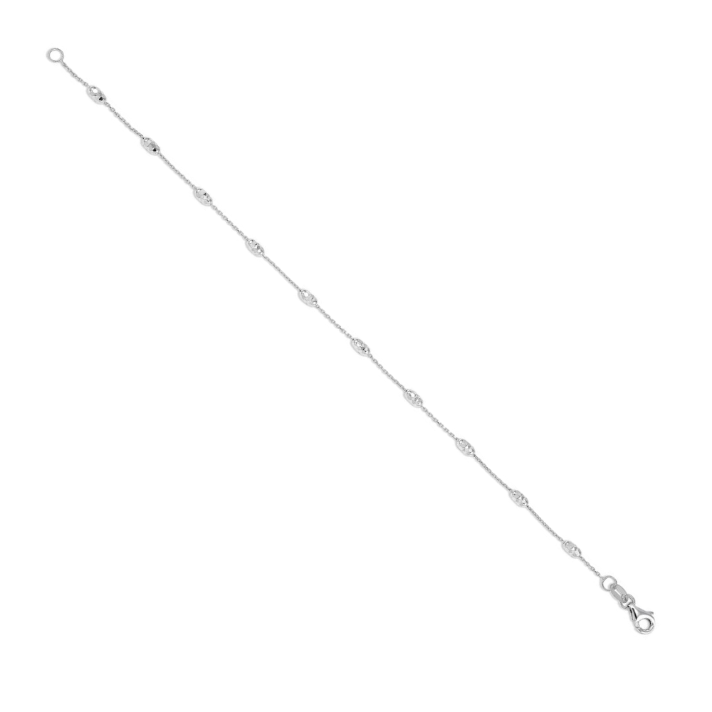 10K White Gold Diamond Cut Cable Link Bracelet With Stationed Diamond Cut Beads