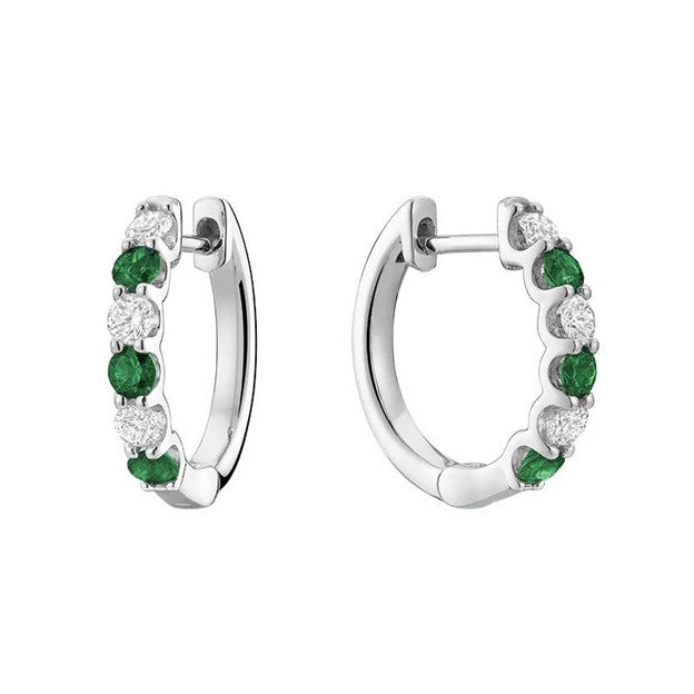 14K White Gold 2.5mm Round Emeralds And 0.33 CTW Diamond Huggie Earrings
