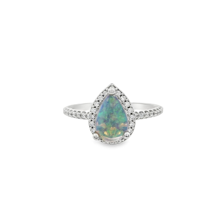 14K White Gold 9X6mm Australian Opal And 0.20 CTW Diamond Halo Ring