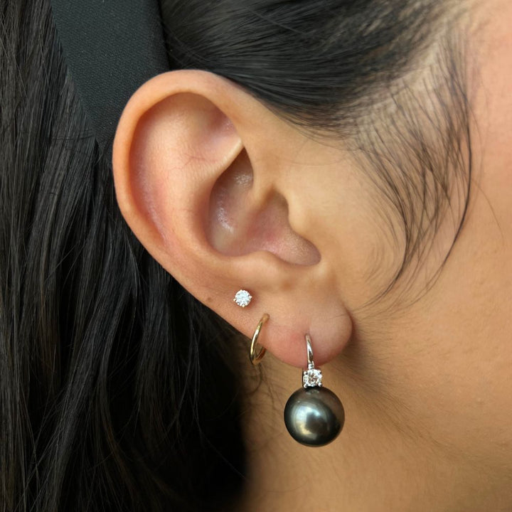 Women's 14 Karat White Gold 12mm Tahitian Pearl Drop Earrings With 0.32 CTW Round Diamonds