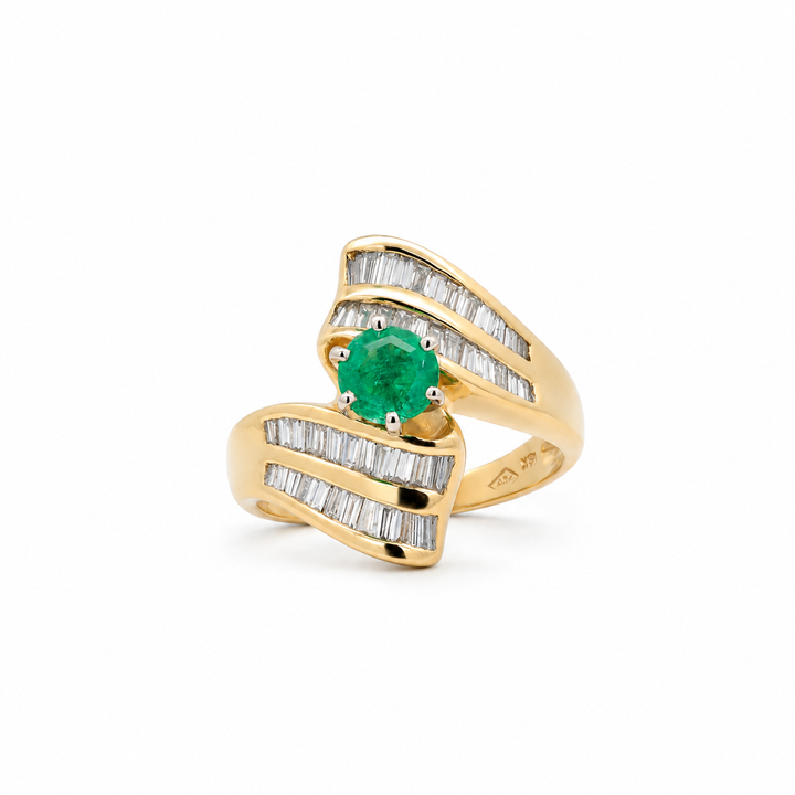 Estate - 14K Yellow Gold Emerald And 0.83 CTW Diamond Ring, Size 7.25