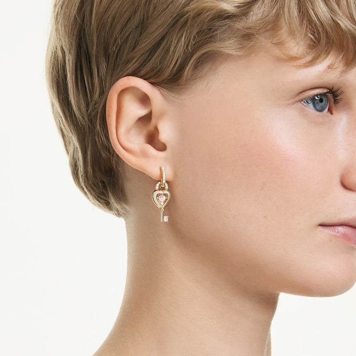 Swarovski Idyllia Gold-Tone Plated Drop Heart Lock Earrings With Pink Cubic Zirconia 5737294