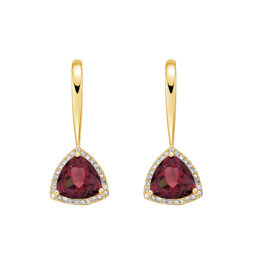 10K Yellow Gold 6mm Trillion Garnet And 0.16 CTW Diamond Drop Earrings