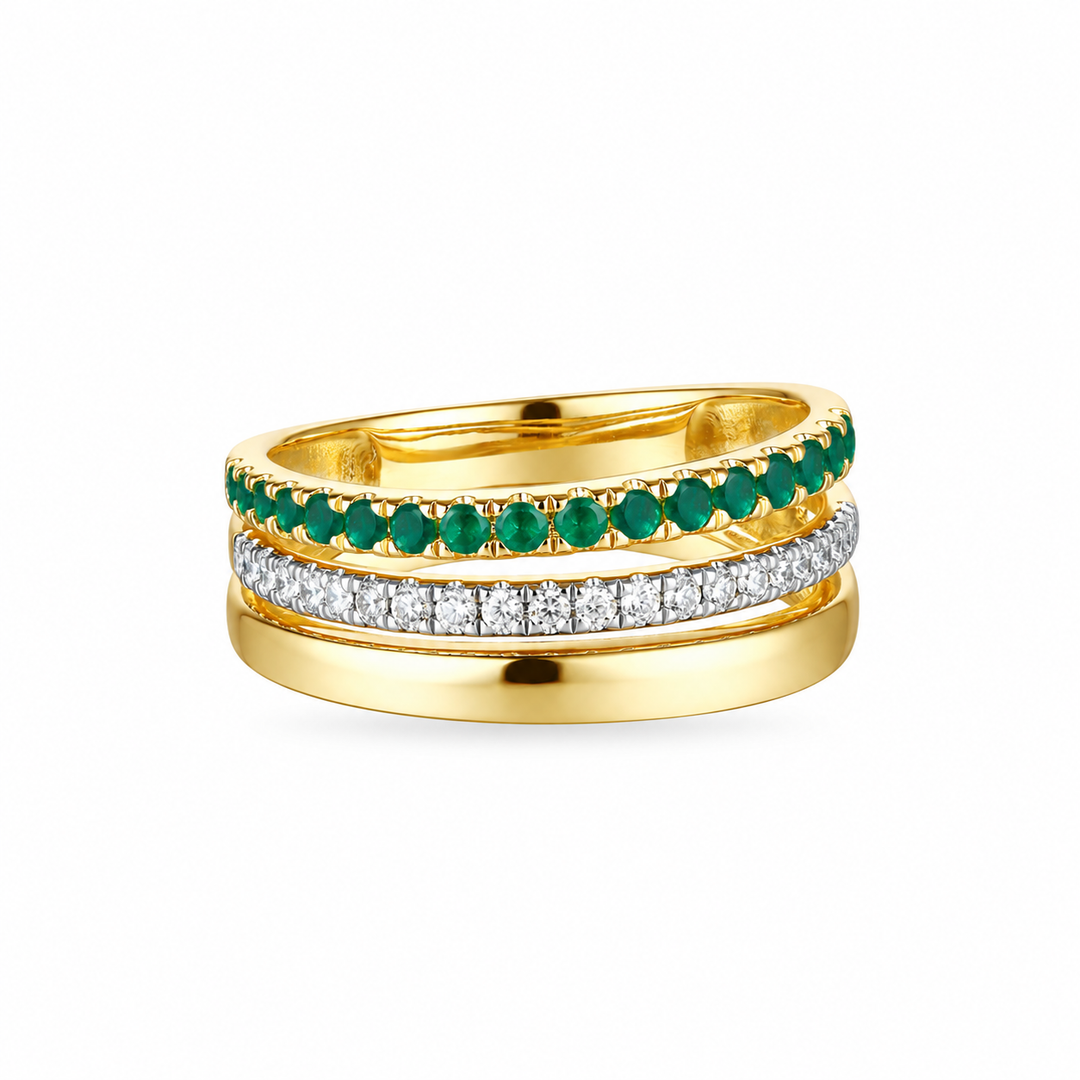 14K Yellow Gold 0.26 CTW Emerald And 0.15 CTW Diamond Multi-Row Ring