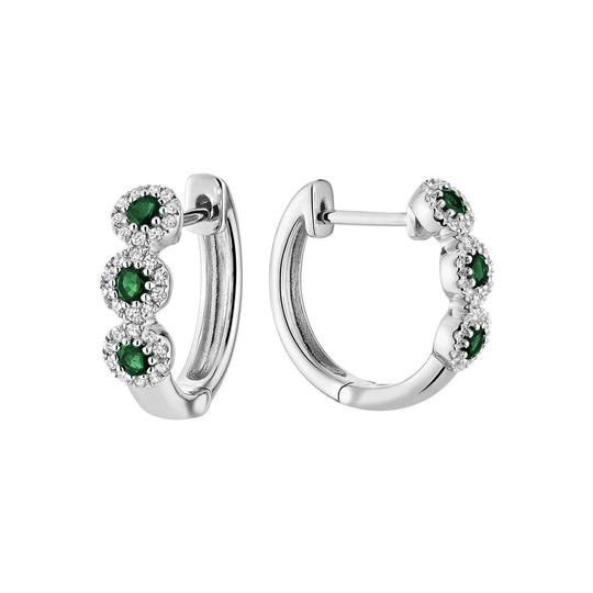 14K White Gold Emerald And Diamond Huggie Earrings