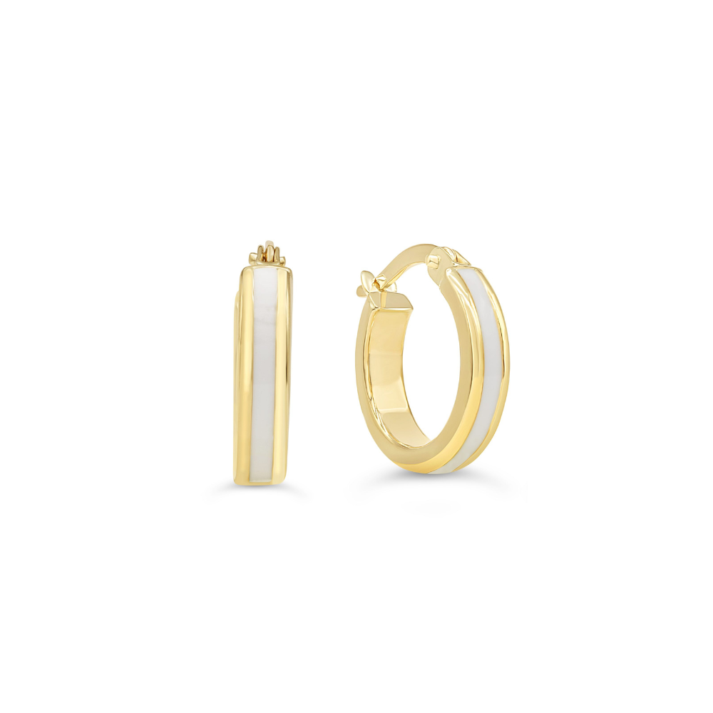 10 Karat Yellow Gold Polished Small Hoop Earrings With White Enamel Inlay