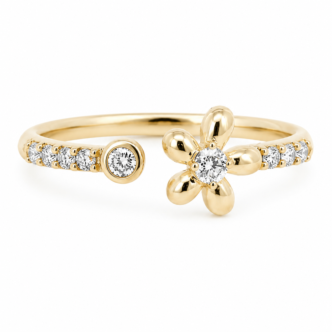 14K Yellow Gold 0.11 CTW Diamond Woman's Floral Ring