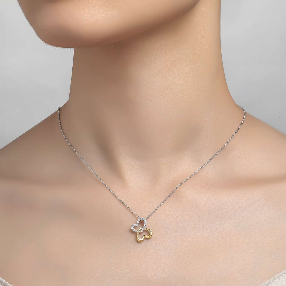 Sterling Silver And Gold Plated Cubic Zirconia Double Heart Necklace