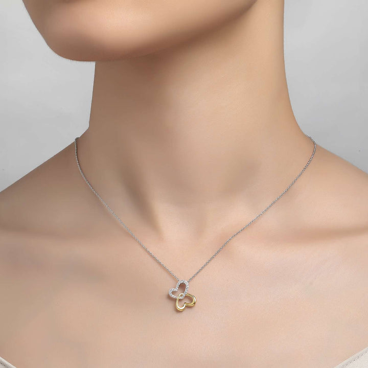 Sterling Silver And Gold Plated Cubic Zirconia Double Heart Necklace