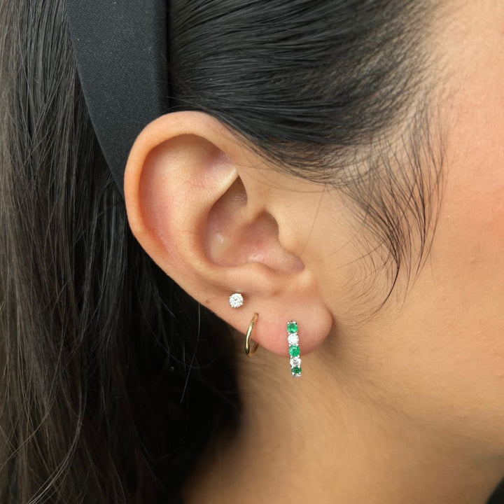 14K White Gold 2.5mm Round Emeralds And 0.33 CTW Diamond Huggie Earrings