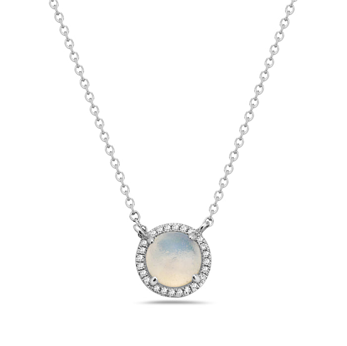 14K White Gold Natural 0.48ct Round Opal And 0.05 CTW Diamond Necklace