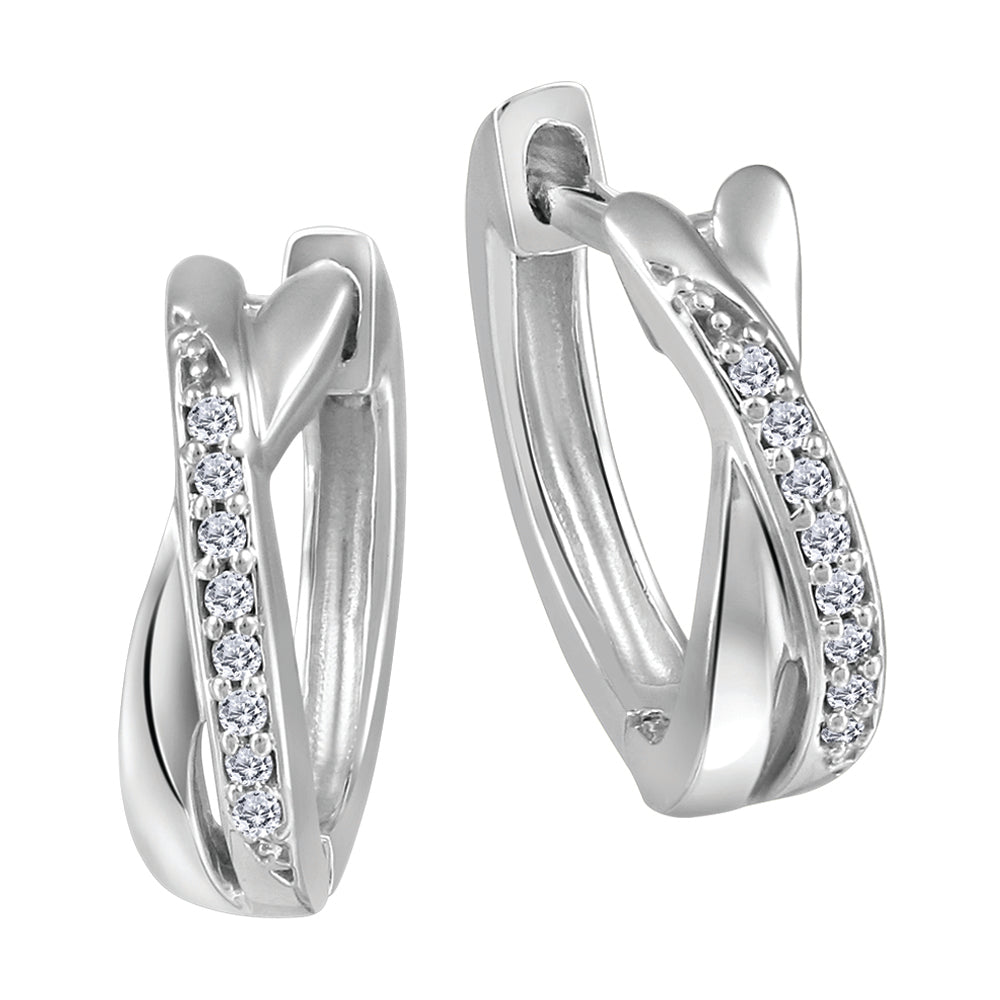 10K White Gold Small Hoop Cross Over 0.05 CTS Diamond Earrings