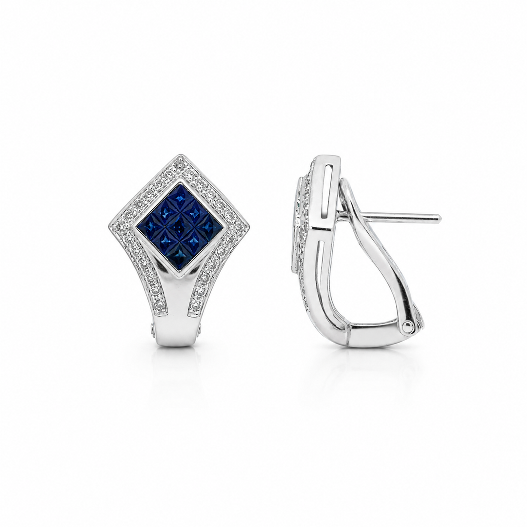 Estate - 14K White Gold Blue Sapphire & Diamond French Back Earrings