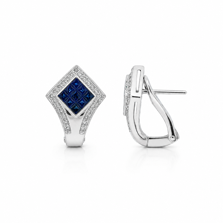 Estate - 14K White Gold Blue Sapphire & Diamond French Back Earrings