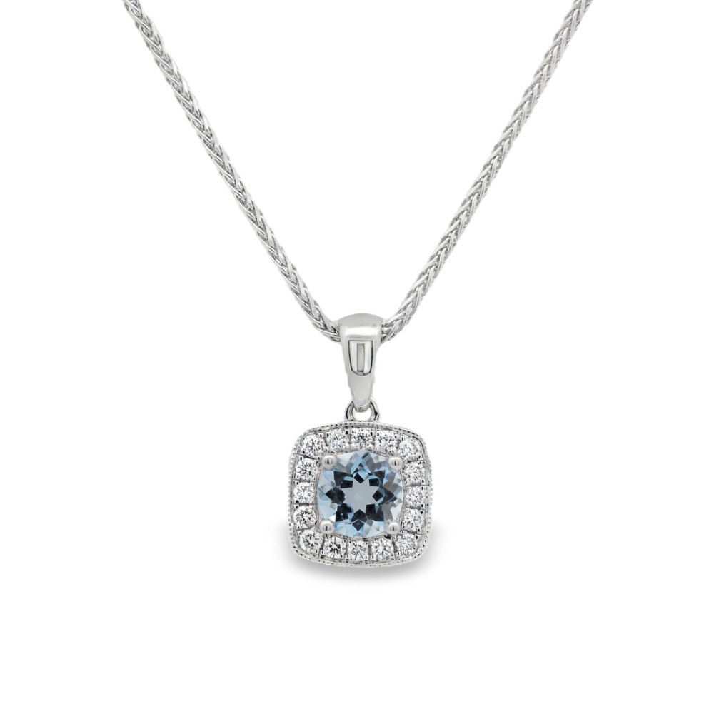 18K White Gold 0.45 CTW Round Aquamarine And 0.45 CTW Diamond Halo Pendant