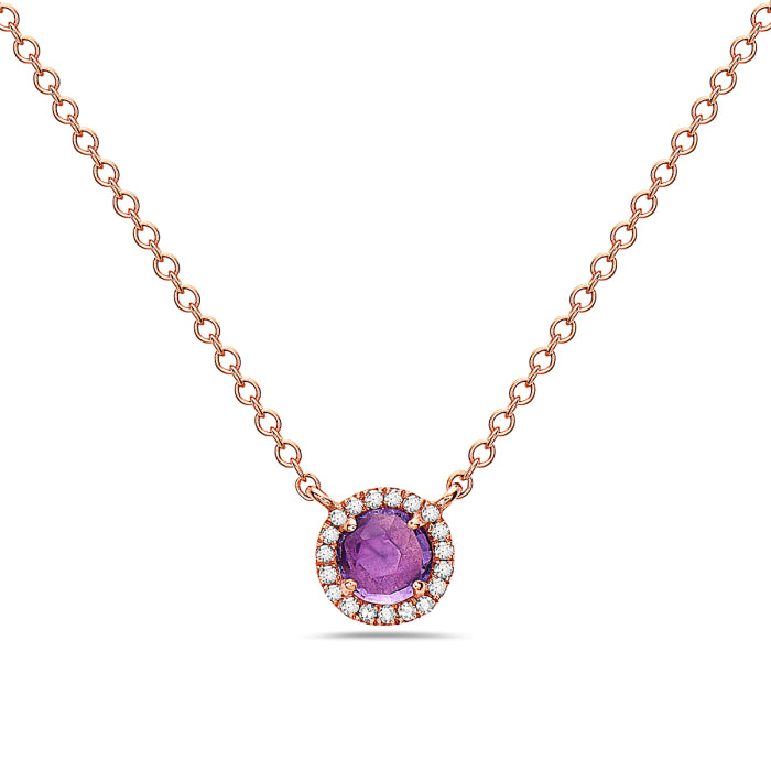 14K Rose Gold Natural 0.31 CT Round Amethyst And 0.05 TDW Diamond Necklace