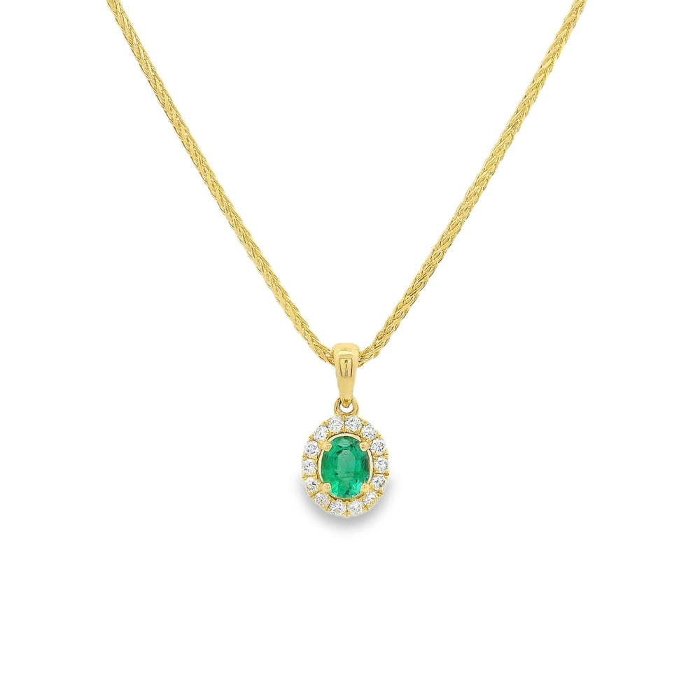 18K Yellow Gold 0.35 CTW Oval Emerald And 0.16 CTW Diamond Halo Pendant